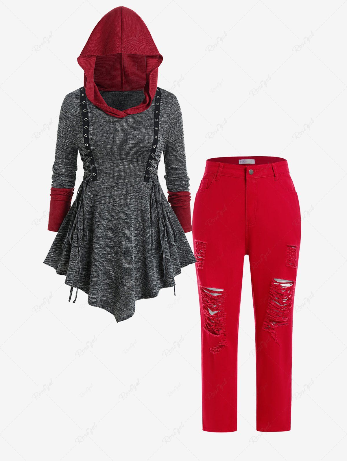 Sale Gothic Lace-up Colorblock Hooded Thumb Hole Tee and Ripped Pencil Jeans Outfit  