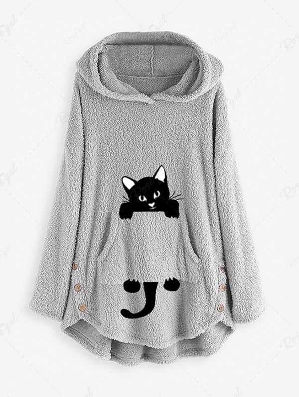 New Plus Size Cat Print Pockets High Low Fluffy Hoodie  