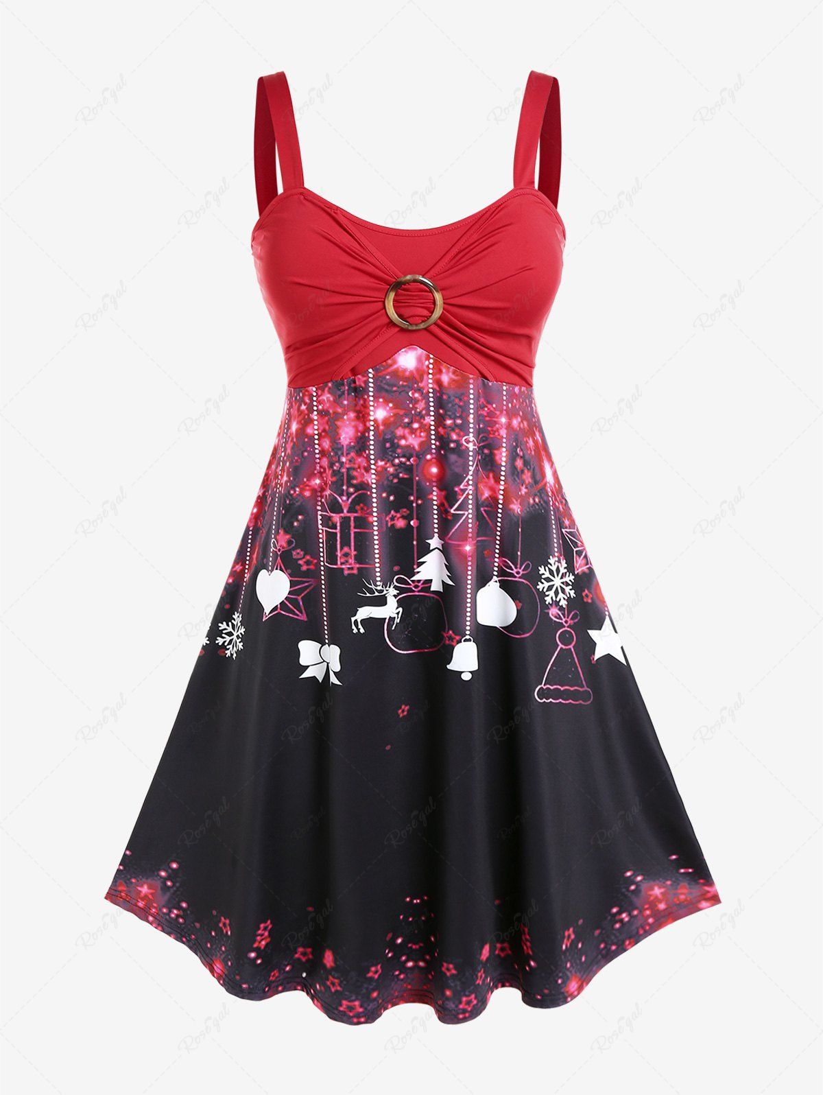 Best Plus Size Christmas O-Ring 3D Sparkles Elk Snowflake Printed Backless Flare Dress  