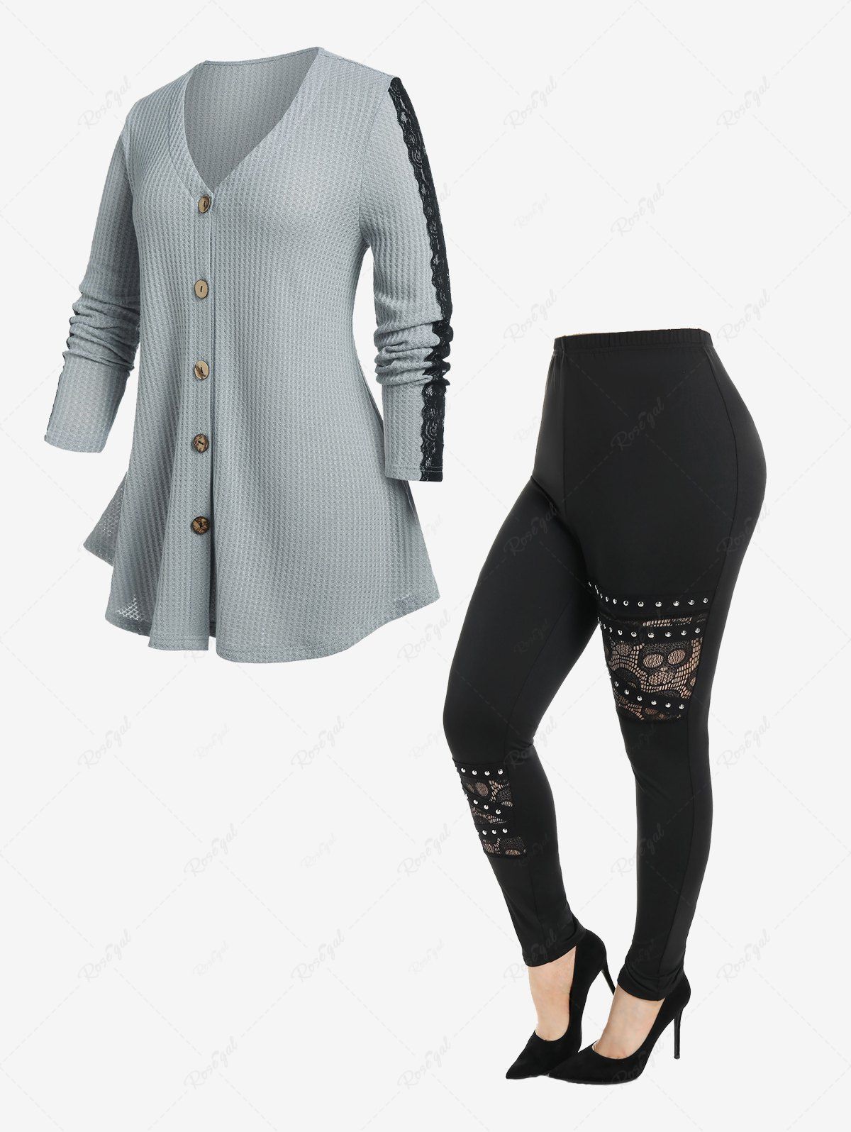 Store Plus Size Textured Lace Panel Knitted T-shirt and Skull Lace Panel Studded Pants Outfits  