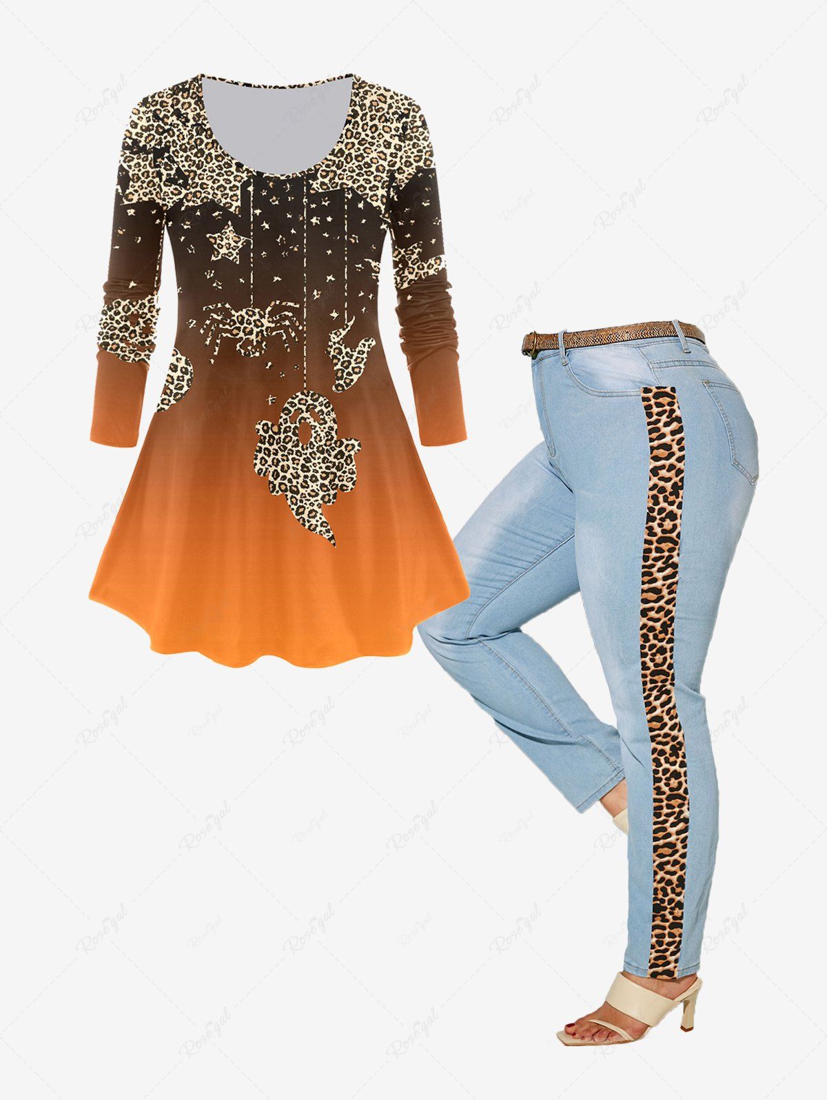 Latest Leopard Ghost Hat Print Ombre Color Halloween Tee and Pencil Jeans Outfit  