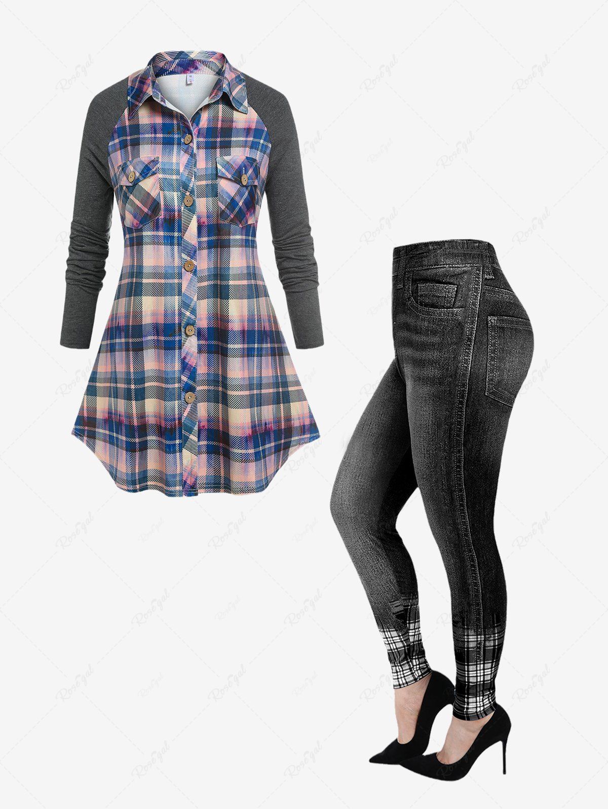 Trendy Plaid Raglan Sleeve Shirt and 3D Denim Print Skinny Jeggings Plus Size Outfit  
