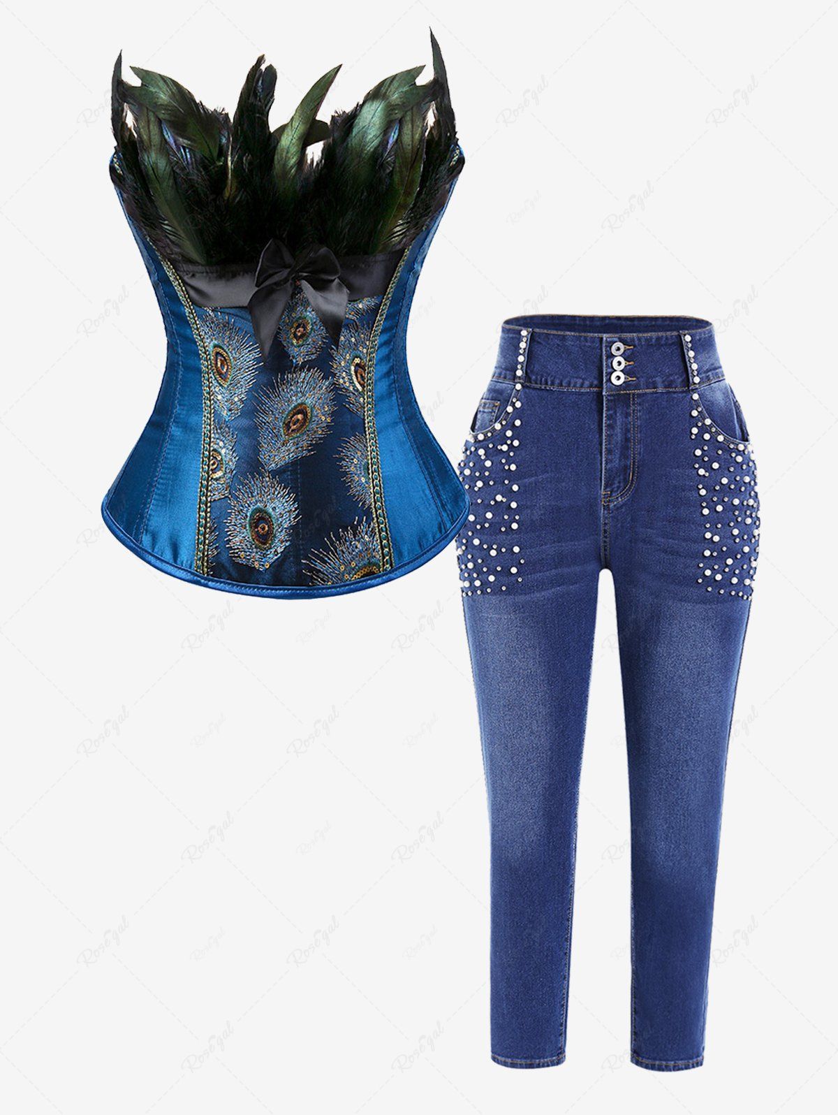 Online Plus Size Feather Decor Embroidery Overbust Corset and Beaded Jeans Outfit  