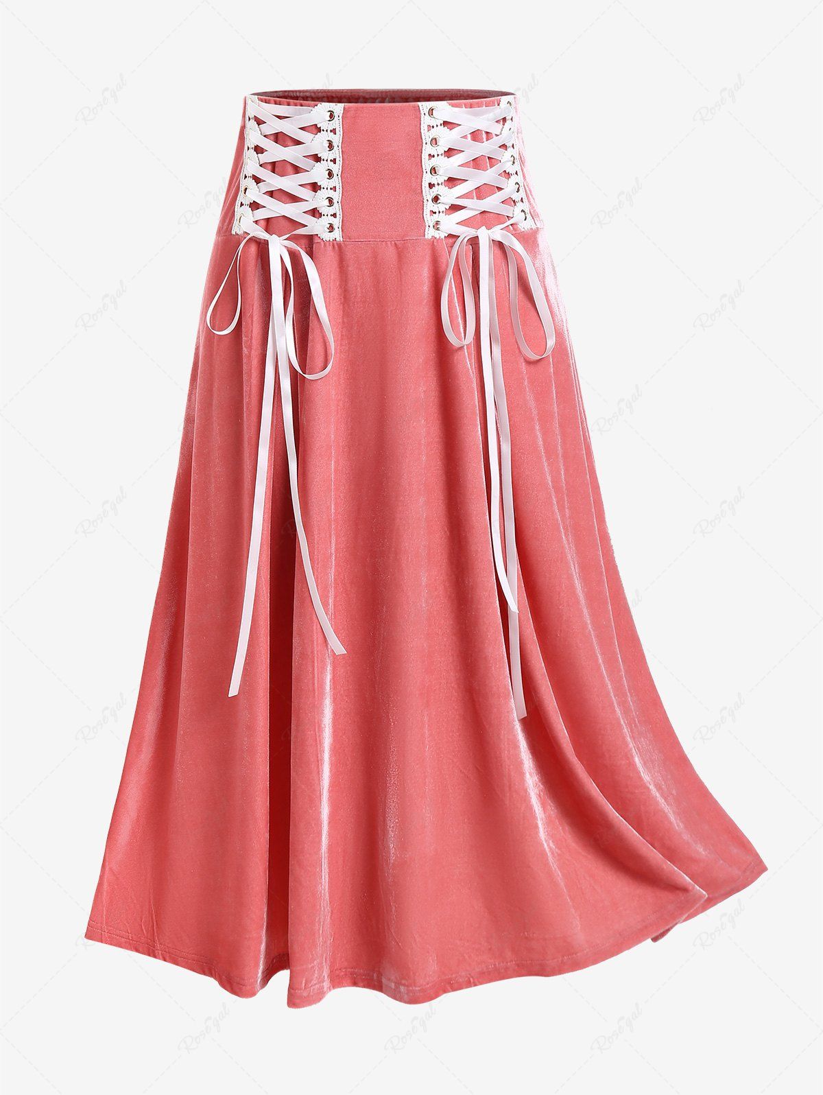 Sale Plus Size Lace-up Pleated Detail Velvet Maxi Skirt  