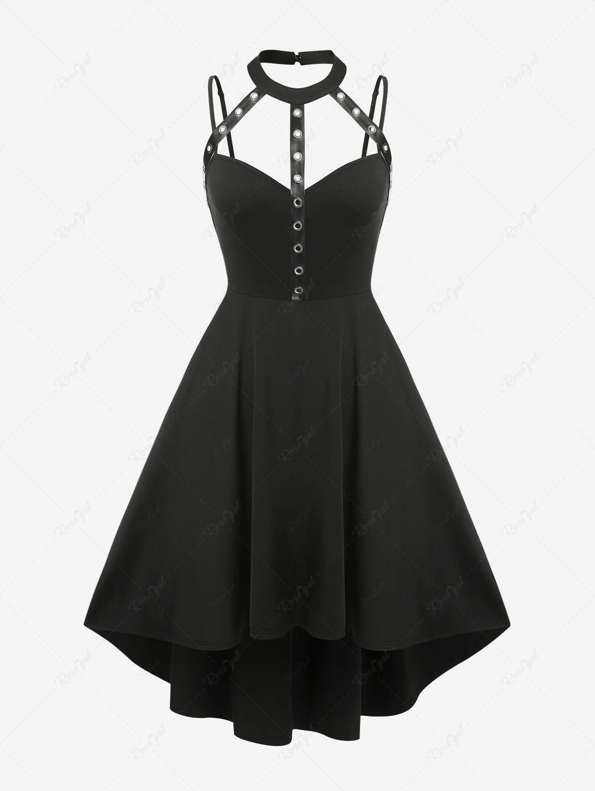 Hot Harness Cutout High Low Solid A Line Midi Gothic Dress  