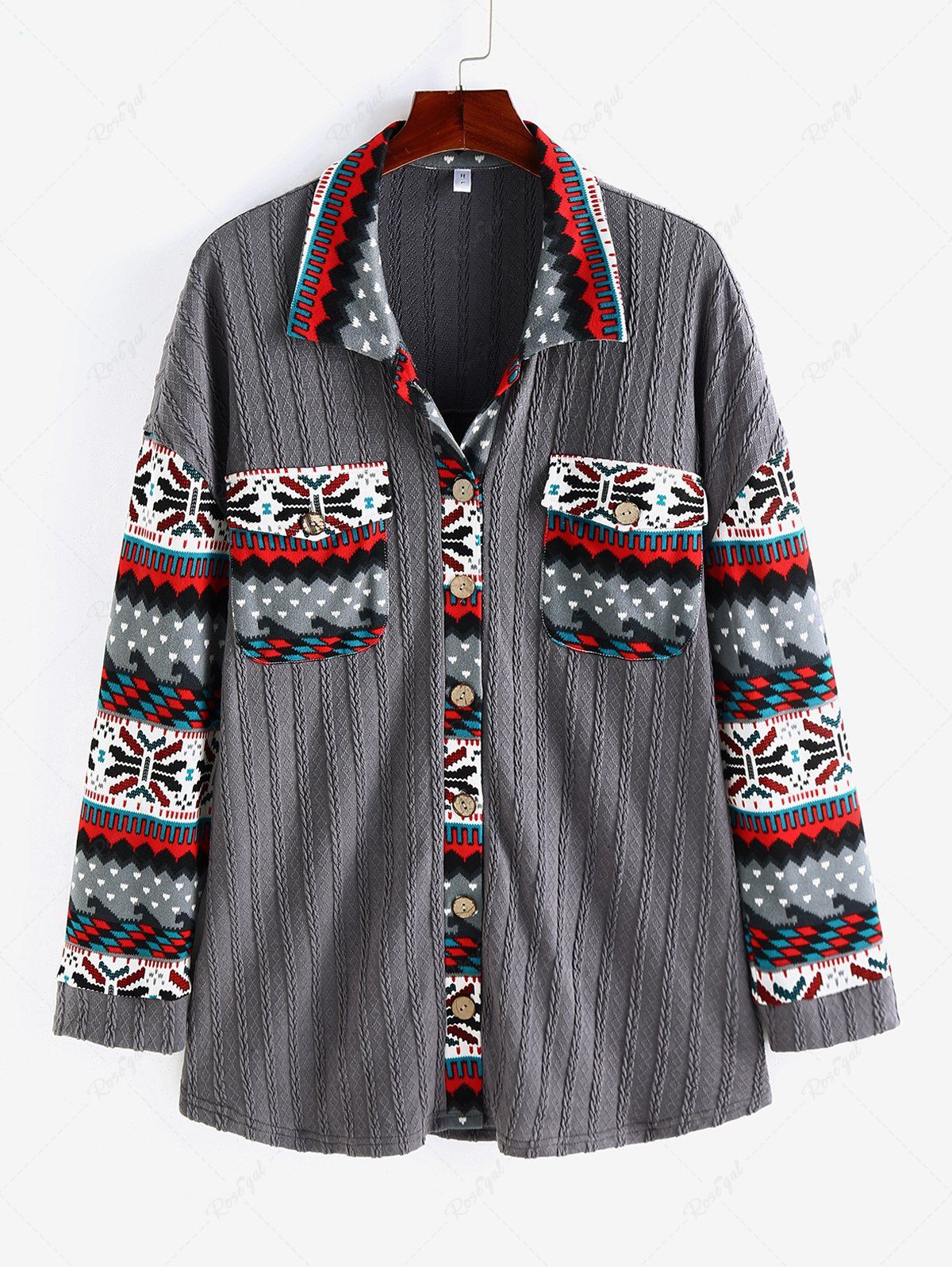 Chic Plus Size Christmas Turndown Collar Pockets Snowflake Cable Knit Cardigan  