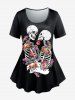 Halloween Costume Skull Rose Print Tee and Skeleton Print Leggings Plus Size Outfit -  