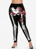 Halloween Costume Skull Rose Print Tee and Skeleton Print Leggings Plus Size Outfit -  