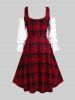 Gothic Cold Shoulder Lace-up Plaid Flare Sleeves Dip Hem Midi Dress -  