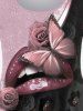 Plus Size 3D Lip Rose Butterfly Printed Long Sleeves Tee -  