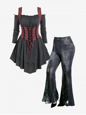 Gothic Off The Shoulder Tee and Lace Up Underbust Corset Top Set and 3D Denim Print Lace Panel Bell Bottom Pants Outfit
