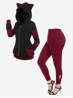 Cat Ear Ribbed Colorblock Hooded Jacket and High Rise Cutout Twist Leggings Plus Size Outfit