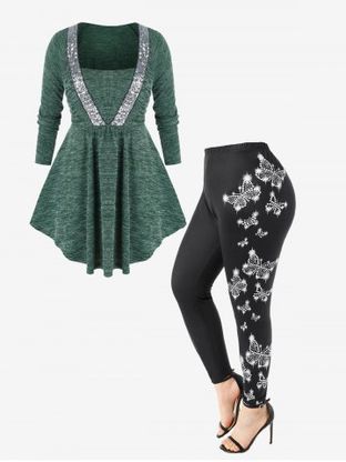 Ribbed Knit Sequined Square Neck Sweater and High Waist Butterfly Print Leggings Plus Size Outerwear Outfit