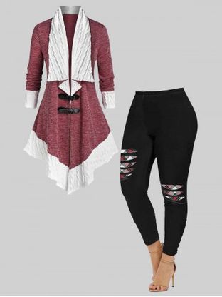 Buckles Two Tone Cable Knit Cardigan and 3D Ripped Plaid Printed Leggings Plus Size Outerwear Outfit