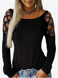 Plus Size Boat Neck Rhinestone Hollow Out Tee - BLACK - XL
