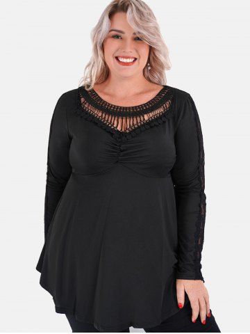 Plus Size Ruched Crochet Trim Skirted Tee - BLACK - 1X | US 14-16