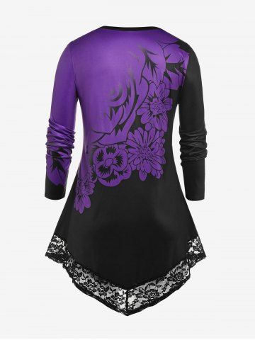 Plus Size Asymmetrical Floral Print Lace Brim T-shirt