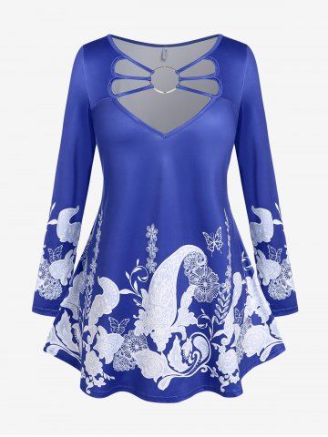 Plus Size Paisley Flower Print O Ring Cutout T Shirt - BLUE - 1X
