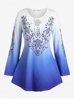 Plus Size Ombre Print Keyhole Tie Bell Sleeve Tee - BLUE - 4X