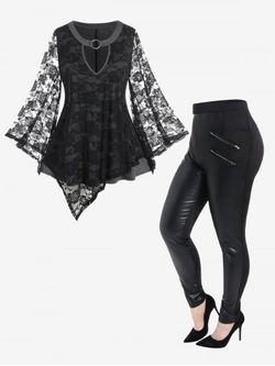 Plus Size Lace Flare Sleeves Keyhole Asymmetric Top and Faux Leather Panel Leggings Outfits - BLACK