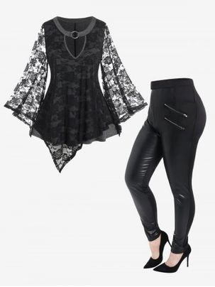Plus Size Lace Flare Sleeves Keyhole Asymmetric Top and Faux Leather Panel Leggings Outfits