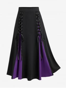 Gothic Lace Up Two Tone Godet Hem Midi A Line Skirt - PURPLE - 2X | US 18-20