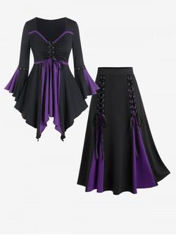 Gothic Flare Sleeves Lace Up Two Tone Handkerchief Tee and Godet Midi A Line Skirt Outfit - PURPLE