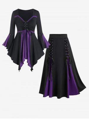 Gothic Flare Sleeves Lace Up Two Tone Handkerchief Tee and Godet Midi A Line Skirt Outfit