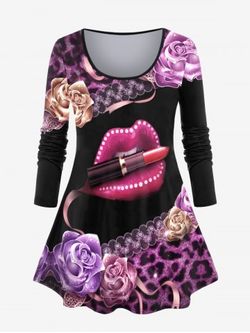 Plus Size Floral Leopard Lip Lipstick Print T-shirt - PURPLE - L | US 12