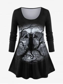 Plus Size Cat Bat Branch Print T-shirt - BLACK - 5X | US 30-32