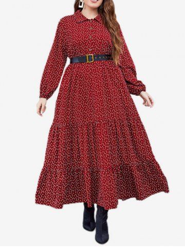 Plus Size Half Button Polka Dot Maxi Tiered Dress - DEEP RED - 1XL
