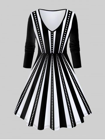 Plus Size Two Tone Polka Dot Striped Dress - BLACK - 3X | US 22-24