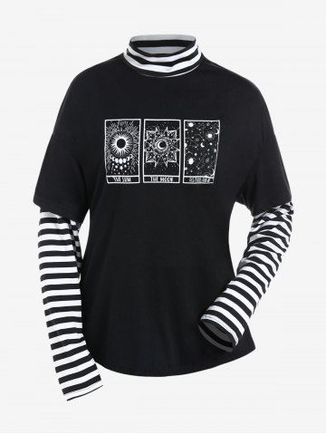T-shirt Panneau Rayé à Imprimé Galaxie de Grande Taille à Col Montant - BLACK - 4XL