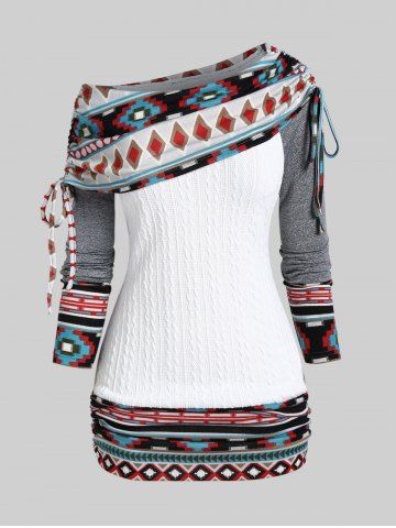 Plus Size Cinched Foldover Raglan Sleeve Geometry Skew Neck T-shirt - WHITE - M | US 10
