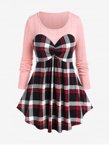 Plus Size Plaid Cable Knit Long Sleeves Colorblock Tee