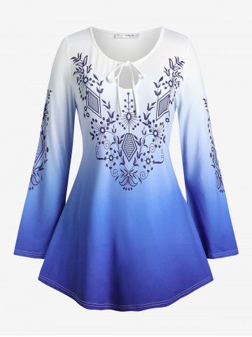 Plus Size Ombre Print Keyhole Tie Bell Sleeve Tee
