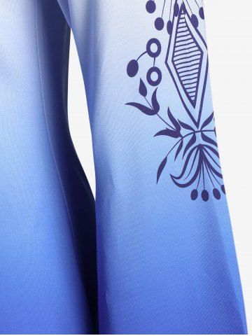Plus Size Ombre Print Keyhole Tie Bell Sleeve Tee