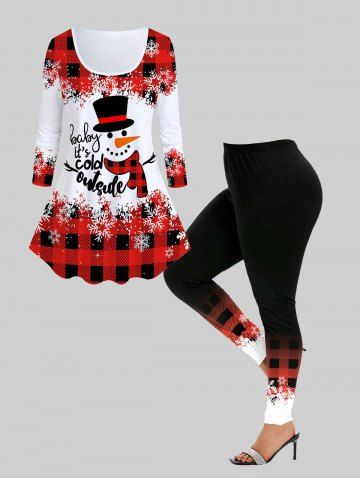 Snowman Plaid Print Graphic T-shirt and High Rise Leggings Christmas Plus Size Outfit - RED
