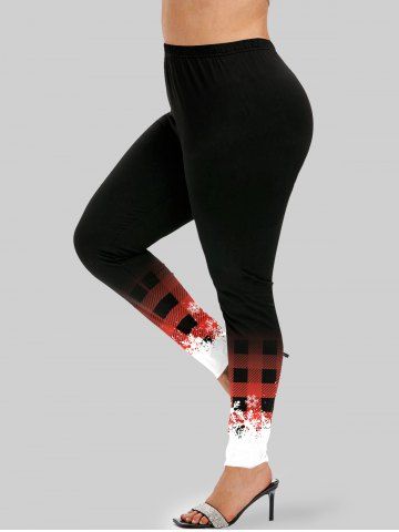 Snowman Plaid Print Graphic T-shirt and High Rise Leggings Christmas Plus Size Outfit