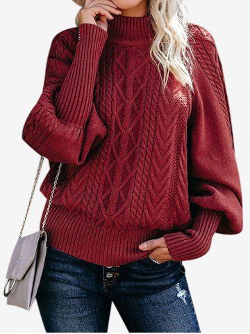 Pull en Tricot à Câble de Grande Taille Manches Raglan à Col Montant - DEEP RED - M