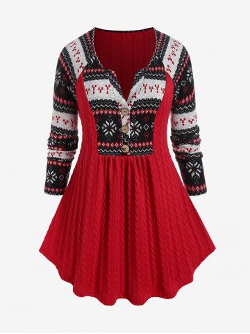 Plus Size Geometry Print Raglan Sleeve Cable Knit Top - RED - 3X | US 22-24