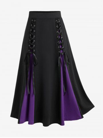 Gothic Lace Up Two Tone Godet Hem Midi A Line Skirt - PURPLE - 3X | US 22-24