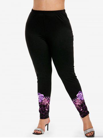 Plus Size Leopard Rose Print Leggings