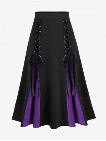 Halloween Vampire Costume Gothic Lace Up Two Tone Godet Hem Midi A Line Victorian Walking Skirt
