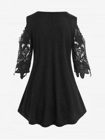 Plus Size Lace Panel Half Zipper Cold Shoulder Blouse