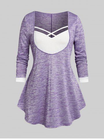 Plus Size Space Dye Criss Cross Curved Hem Tee