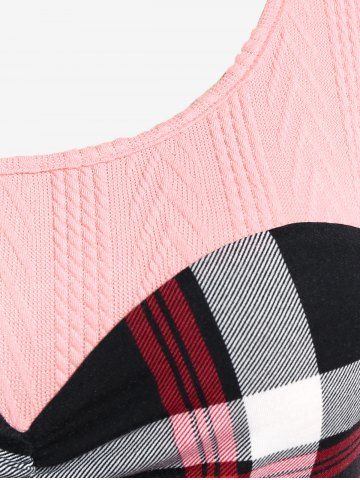 Plus Size Plaid Cable Knit Long Sleeves Colorblock Tee