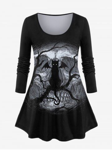 Plus Size Cat Bat Branch Print T-shirt - BLACK - 3X | US 22-24