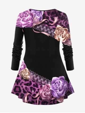 Plus Size Floral Leopard Lip Lipstick Print T-shirt