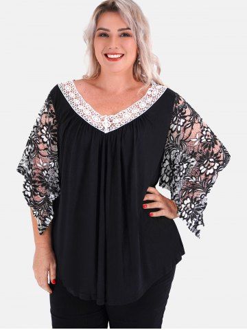 Plus Size Lace Panel Batwing Sleeves Two Tone Tee - BLACK - M | US 10